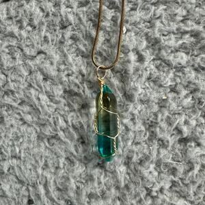 Hipster Blue & Green Crystal Gold Toned Wire Wrapped Pendant